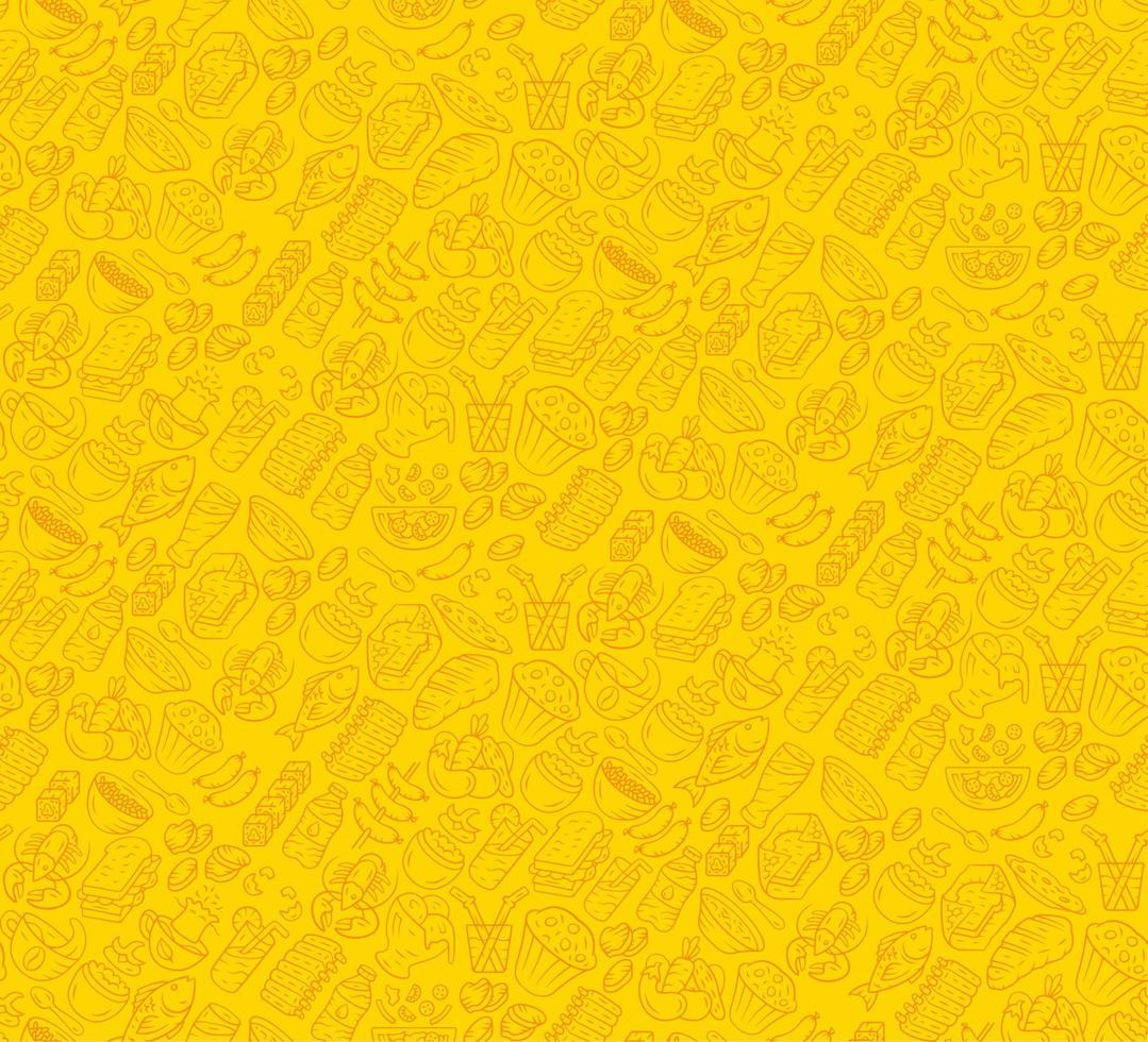 Nahtloses Muster des Lebensmittelvektors. Küche, Fast-Food-Café-Tapete mit Gastronomie-Ikonen. gelbe, goldene Farbtextur. dekoratives textil, verpackungspapierdesign. heller Hintergrund für Menü, Quittungen vektor