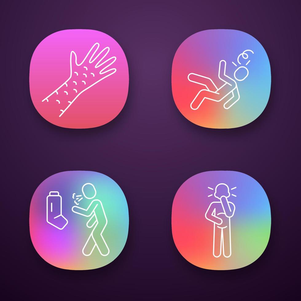 infektion, allergisymptom app ikoner set. hudutslag allergisk reaktion. astma, bronkit. ui ux användargränssnitt. yrsel, svimning. webb- eller mobilapplikationer. vektor isolerade illustrationer