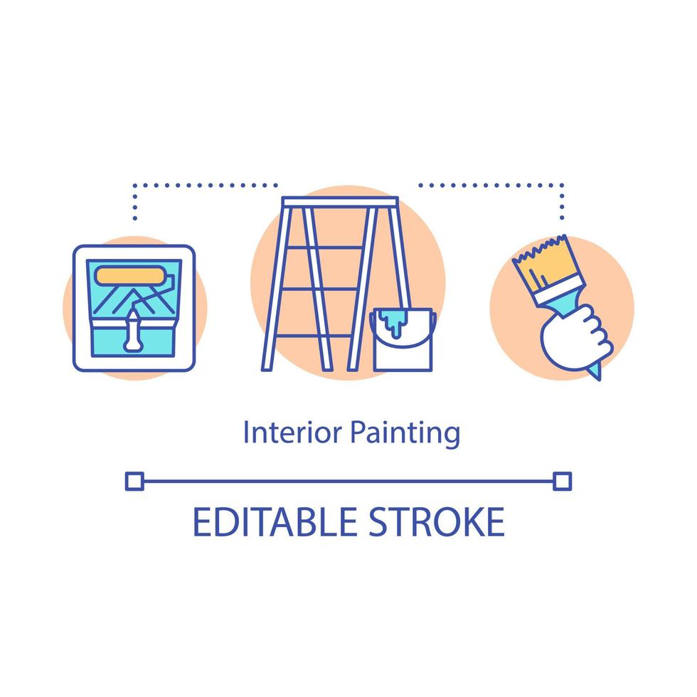 interiör målning koncept ikon. hantverkare service. rulle, borste, hink, stege. väggdekoration. hus målare arbete idé tunn linje illustration. vektor isolerade konturritning. redigerbar linje