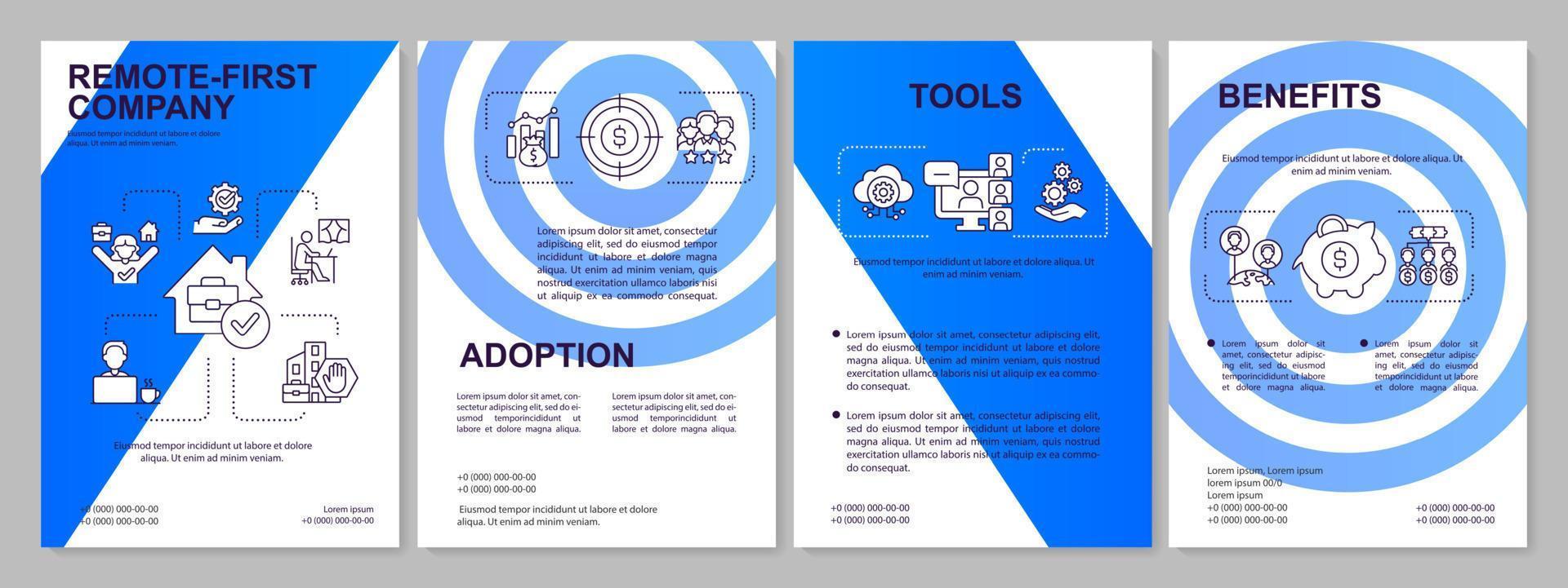 arbeit von zu hause aus blaue broschürenvorlage. Geschäftsentwicklung. Broschürendesign mit linearen Symbolen. 4 Vektorlayouts für Präsentationen, Jahresberichte. vektor