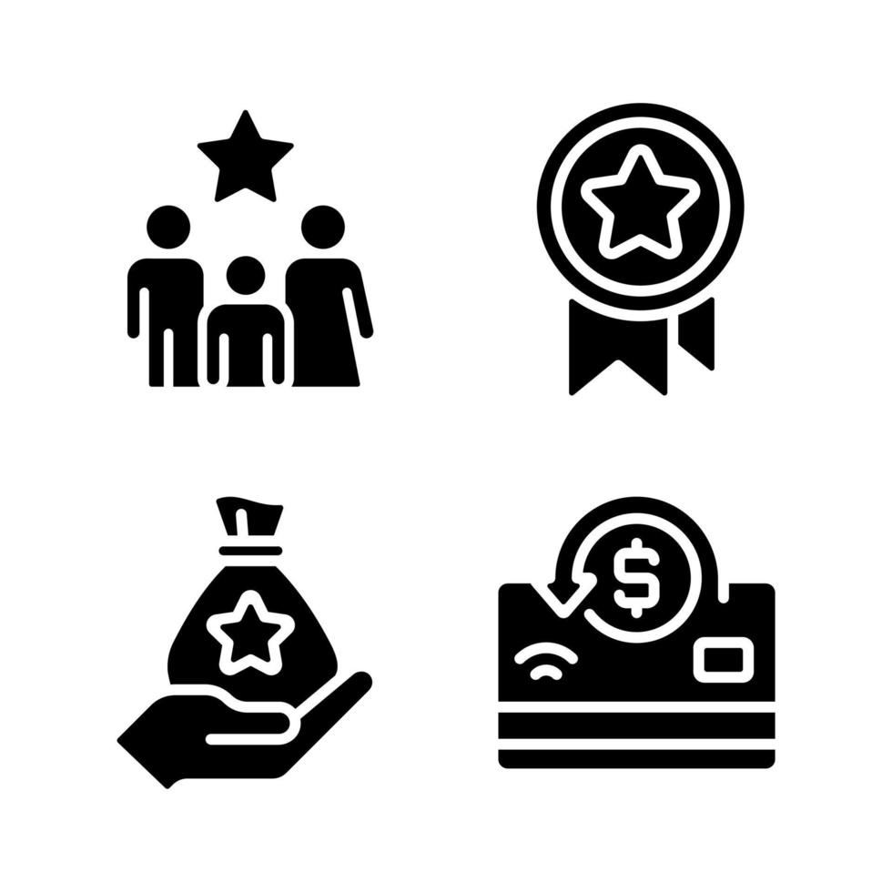 Geldprämien schwarze Glyphen-Symbole auf weißem Raum. Vorteilsprogramm. Familienbonus. Sachpreis. große finanzielle Belohnung. Geld zurück. Silhouettensymbole. Solide Piktogrammpackung. vektor isolierte illustration