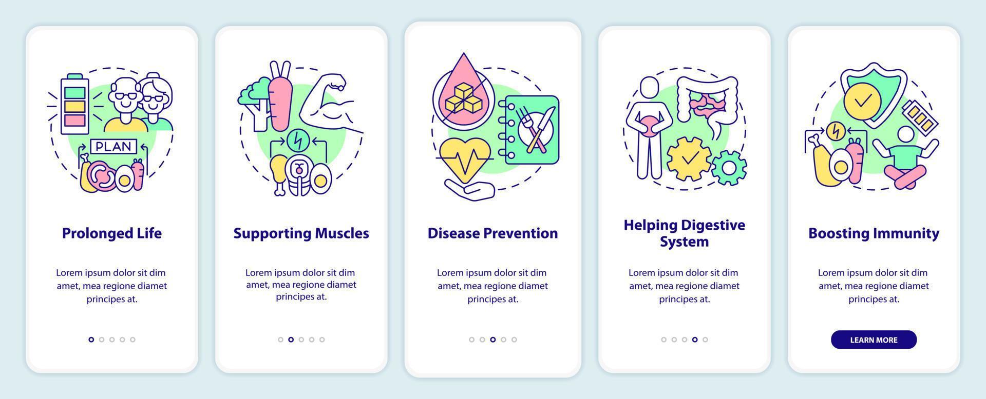 diätvorteile beim onboarding des mobilen app-bildschirms. Komplettlösung für gesunde Ernährung 5 Schritte grafische Anleitungsseiten mit linearen Konzepten. ui, ux, gui-Vorlage. vektor