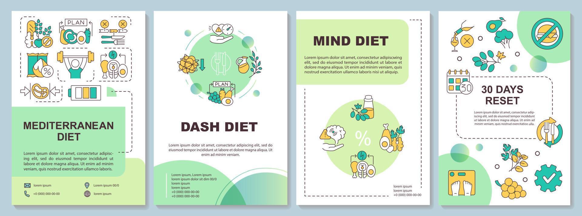 beliebte und trendige diäten grüne broschürenvorlage. gesunde Ernährung. Broschürendesign mit linearen Symbolen. 4 Vektorlayouts für Präsentationen, Jahresberichte. vektor