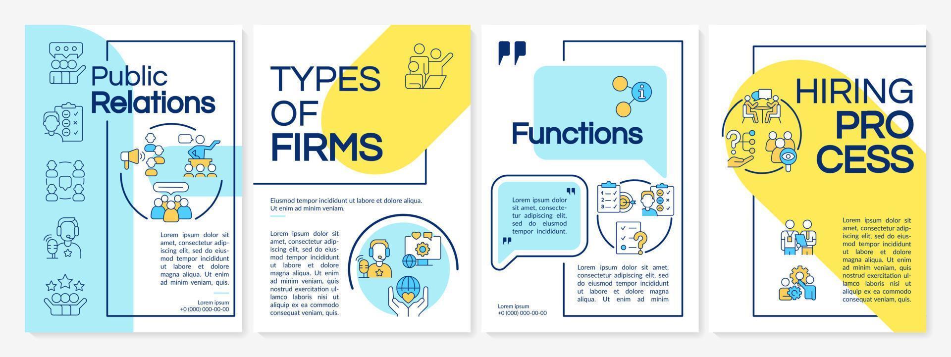 pr blaue und gelbe broschürenvorlage. Öffentlichkeitsarbeit für Unternehmen. Broschürendesign mit linearen Symbolen. 4 Vektorlayouts für Präsentationen, Jahresberichte. vektor