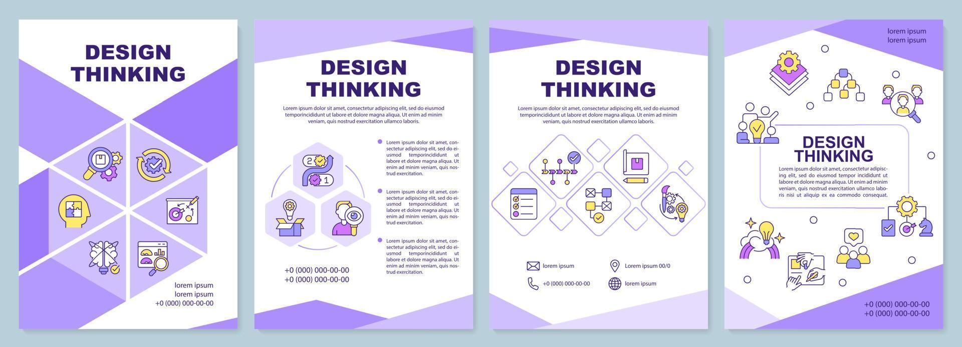 design tänkande lila broschyr mall. utveckling av produkten. broschyr design med linjära ikoner. 4 vektorlayouter för presentation, årsredovisningar. vektor