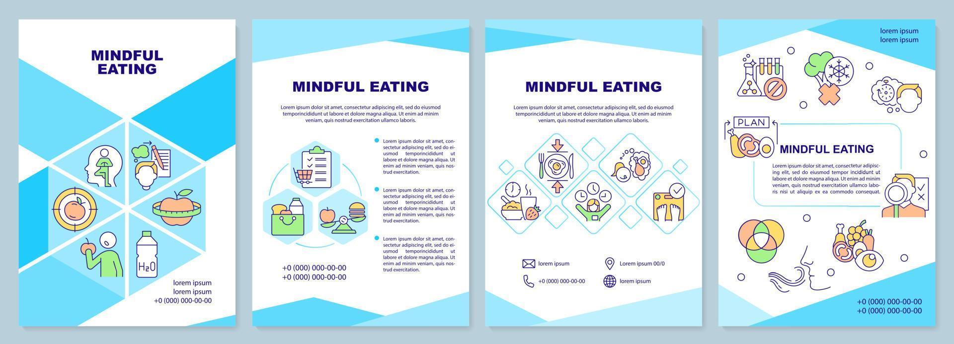 mindful eating broschyr mall. uppmärksam näring. broschyr design med linjära ikoner. 4 vektorlayouter för presentation, årsredovisningar. vektor