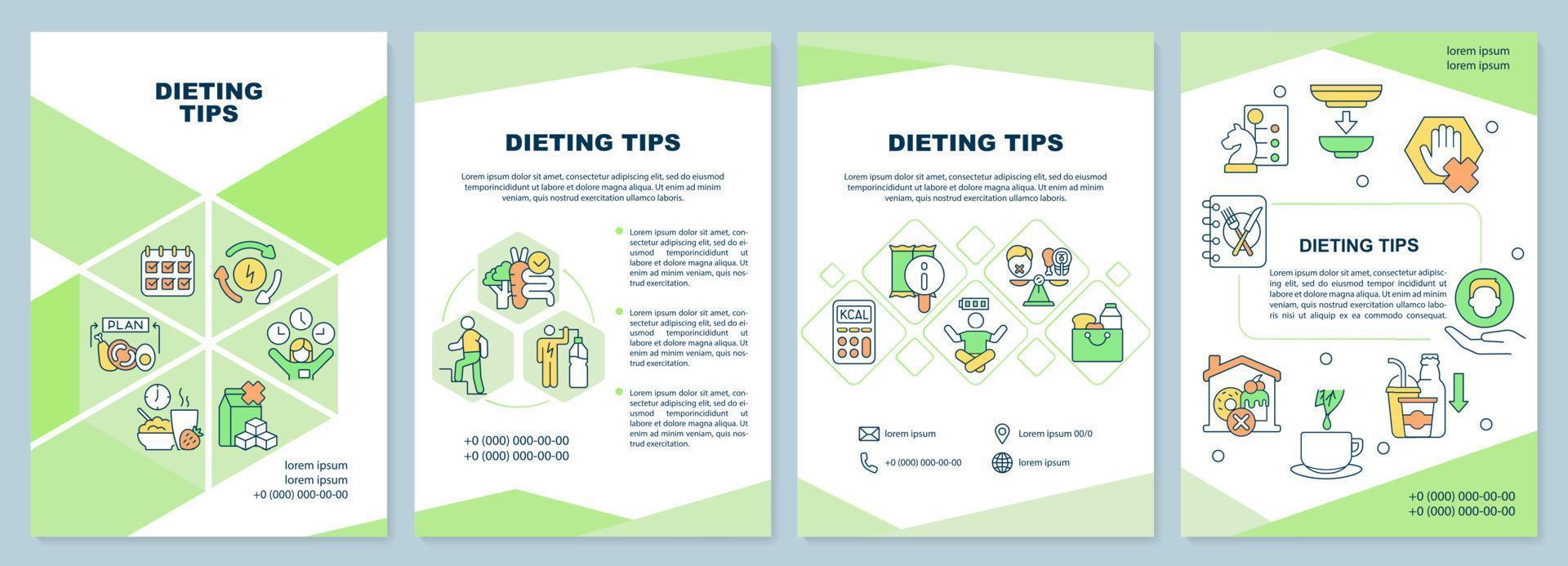 Diät-Tipps Broschüre Vorlage. Gewicht verlieren. gesunde Ernährung. Broschürendesign mit linearen Symbolen. 4 Vektorlayouts für Präsentationen, Jahresberichte. vektor