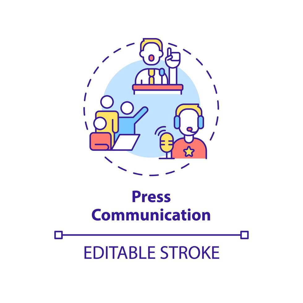 Symbol für das Kommunikationskonzept der Presse. Fokus auf Medienarbeit. arten von pr-firmen abstrakte idee dünne linie illustration. isolierte Umrisszeichnung. editierbarer Strich. vektor