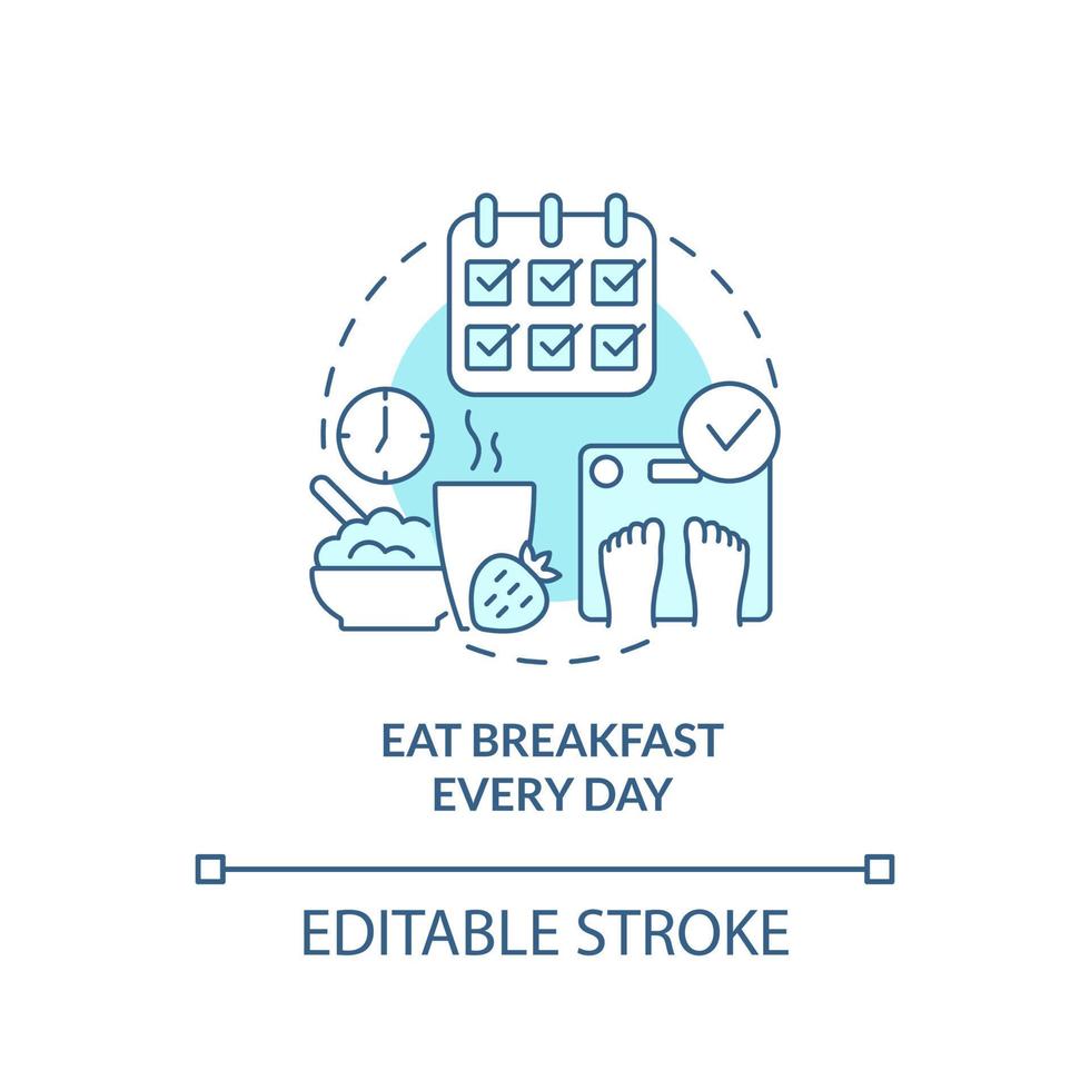 äta frukost varje dag turkos konceptikon. bibehålla vikt efter diet abstrakt idé tunn linje illustration. isolerade konturritning. redigerbar linje. vektor