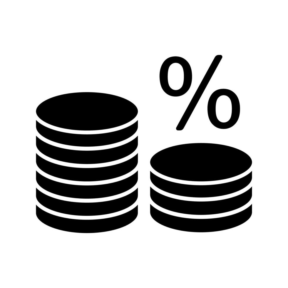 myntstapel med procent glyfikon. ränta. bankverksamhet. spara pengar. siluett symbol. negativt utrymme. vektor isolerade illustration