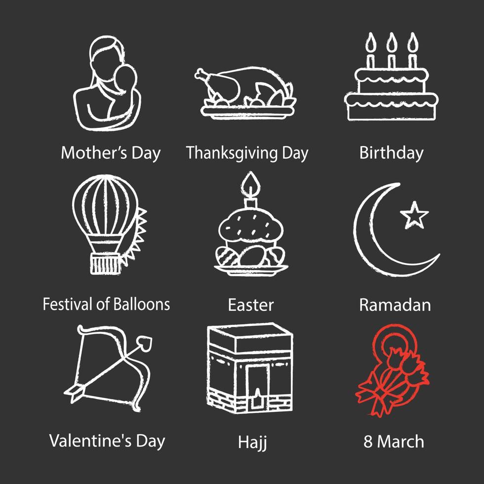 helgdagar krita ikoner set. mors och alla hjärtans dagar, födelsedag, ballongfestival, påsk, ramadan, hajj, 8 mars, tacksägelsedagen. isolerade svarta tavlan vektorillustrationer vektor