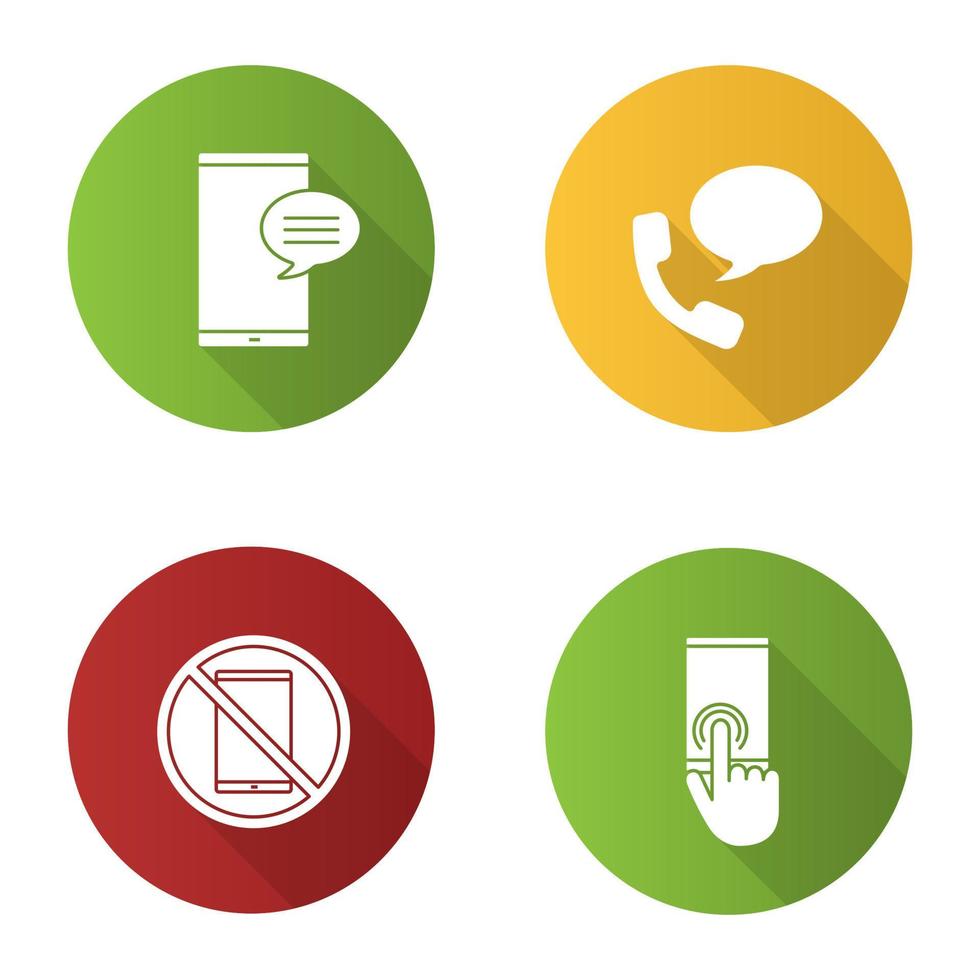 telefon kommunikation platt design lång skugga glyph ikoner set. chatt, röstmeddelande, pekskärm, smartphoneförbud. vektor siluett illustration