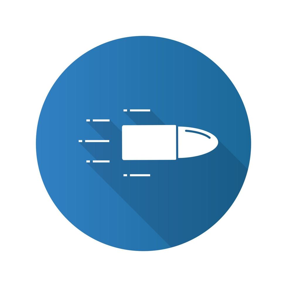 fliegende Kugel flaches Design lange Schatten-Glyphe-Symbol. Geschwindigkeit. Waffe geschossen. Vektor-Silhouette-Illustration vektor