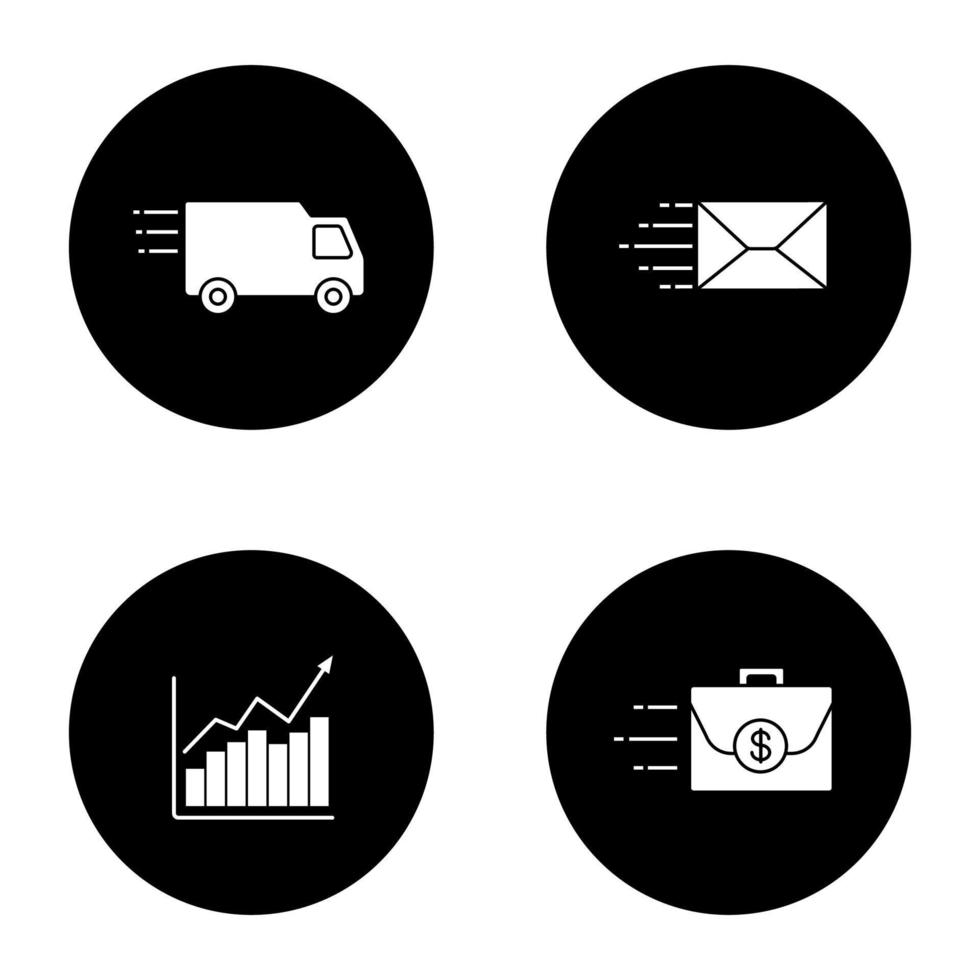 rörelse glyf ikoner set. fart. leveransbil, utskick, tillväxtdiagram, flygande portfölj. vektor vita silhuetter illustrationer i svarta cirklar