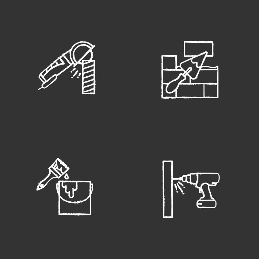 Kreidesymbole für Bauwerkzeuge festgelegt. Winkelschleifmaschine, Mauerwerk mit dreieckiger Schaufel, Eimer mit Pinsel, Akku-Bohrschrauber. isolierte vektortafelillustrationen vektor