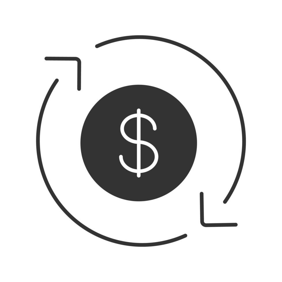 Dollar-Währungsumtausch-Glyphe-Symbol. Erstattung. Kreispfeil mit Dollarzeichen im Inneren. Silhouettensymbol. negativer Raum. vektor isolierte illustration