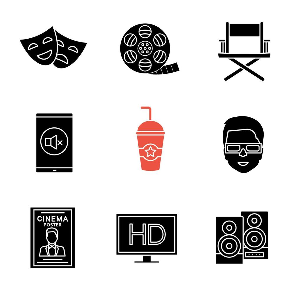 Kino-Glyphen-Symbole gesetzt. HD-Display, Filmstreifenrolle, Regiestuhl, Erfrischungsgetränk, 3D-Brille, Theatermasken, Abbiegeschild, Stereoanlage, Poster. Silhouettensymbole. vektor isolierte illustration