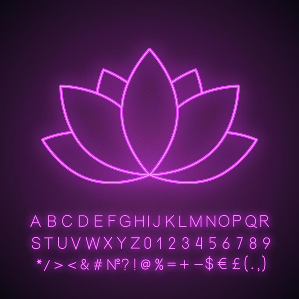 lotusblomma neonljusikon. glödande tecken med alfabet, siffror och symboler. vektor isolerade illustration