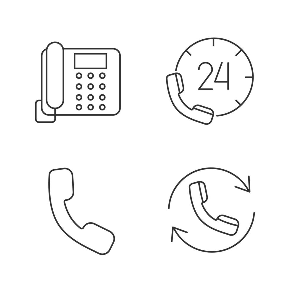 lineare ikonen der telefonkommunikation eingestellt. Festnetztelefon, Hotline, Mobilteil, Anruf. dünne Linienkontursymbole. isolierte vektorumrissillustrationen vektor