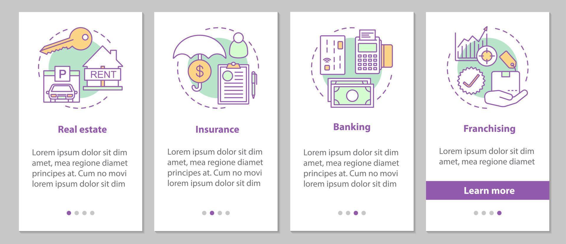 kommersiella tjänster onboarding mobil app sidskärm med linjära koncept. fastigheter, försäkringar, bank, franchising steg grafiska instruktioner. ux, ui, gui vektormall med illustrationer vektor