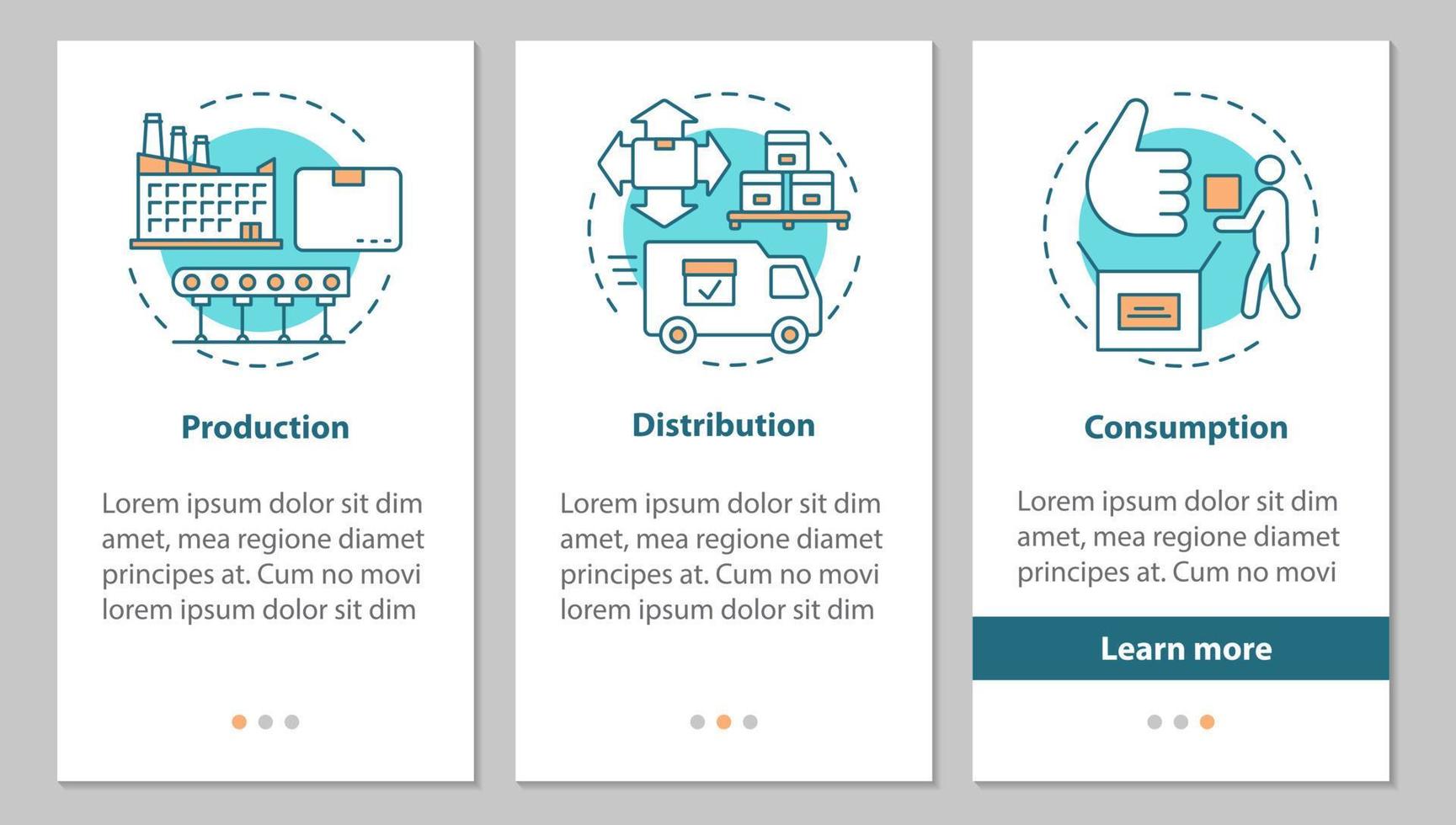 industriesektor beim einsteigen auf den bildschirm der mobilen app-seite mit linearen konzepten. Herstellung. produktions-, vertriebs-, verbrauchsschritte grafische anweisungen. ux, ui, gui-vektorvorlage mit illustration vektor