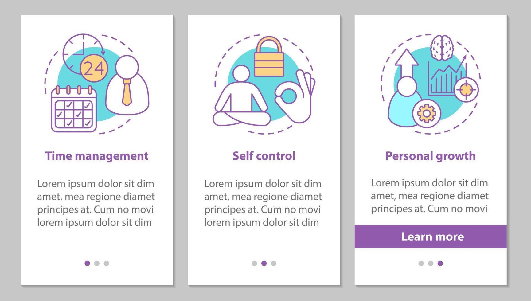 persönliche qualitäten beim onboarding des mobilen app-seitenbildschirms mit linearen konzepten. zeitmanagement, selbstkontrolle, persönliche wachstumsschritte grafische anweisungen. ux, ui, gui-vektorvorlage mit illustrationen vektor