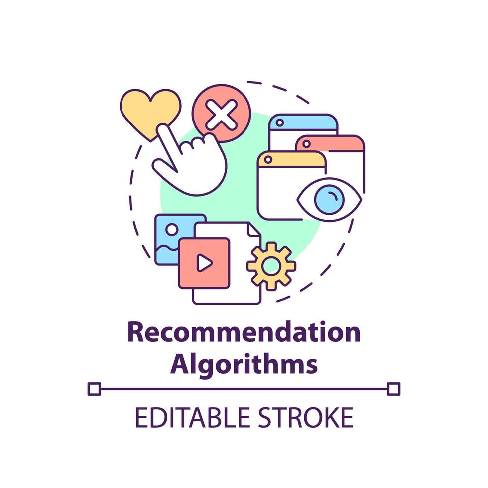 rekommendation algoritmer konceptikon. användarförslag. användning av maskininlärning abstrakt idé tunn linje illustration. isolerade konturritning. redigerbar linje. vektor