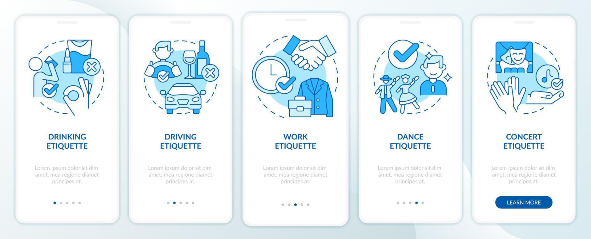 arten der etikette blauer onboarding-bildschirm der mobilen app. Regelsatz Komplettlösung 5 Schritte Grafische Anleitungsseiten mit linearen Konzepten. ui, ux, gui-Vorlage. vektor