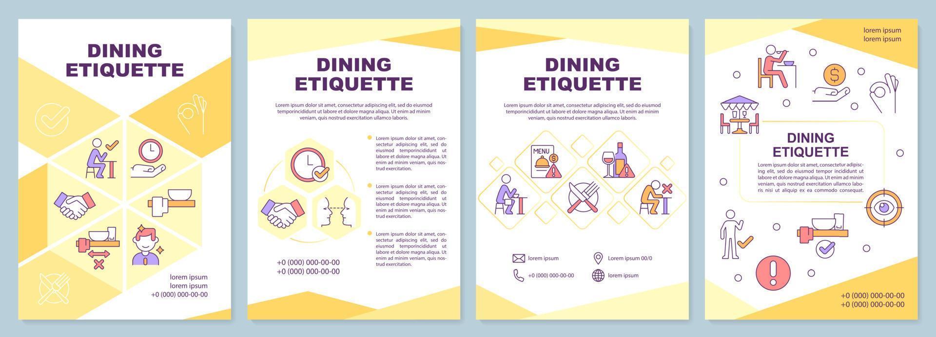 matsal etikett broschyr mall. uppsättning regler och normer. broschyr design med linjära ikoner. 4 vektorlayouter för presentation, årsredovisningar. vektor