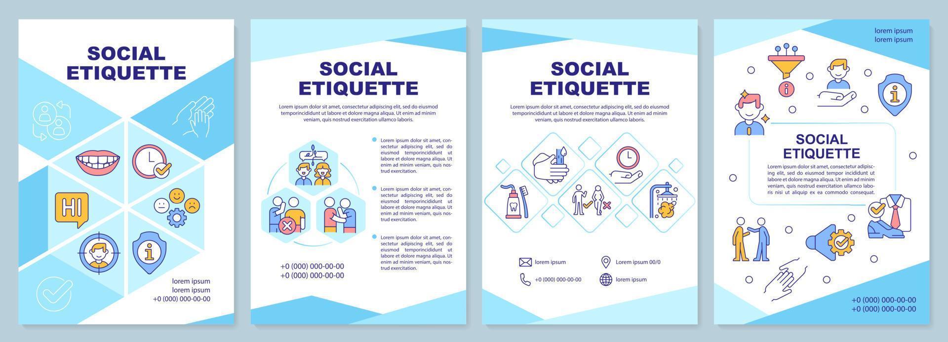 social etikett broschyr mall. normer och regler. broschyr design med linjära ikoner. 4 vektorlayouter för presentation, årsredovisningar. vektor