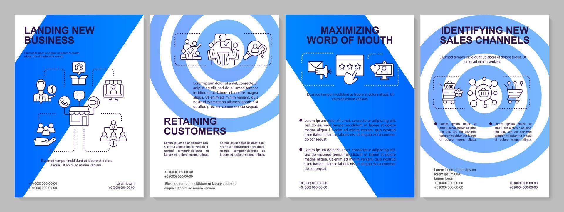 probleme im verkaufsmanagement blaue broschürenvorlage. neue Verkaufskanäle. Broschürendesign mit linearen Symbolen. 4 Vektorlayouts für Präsentationen, Jahresberichte. vektor