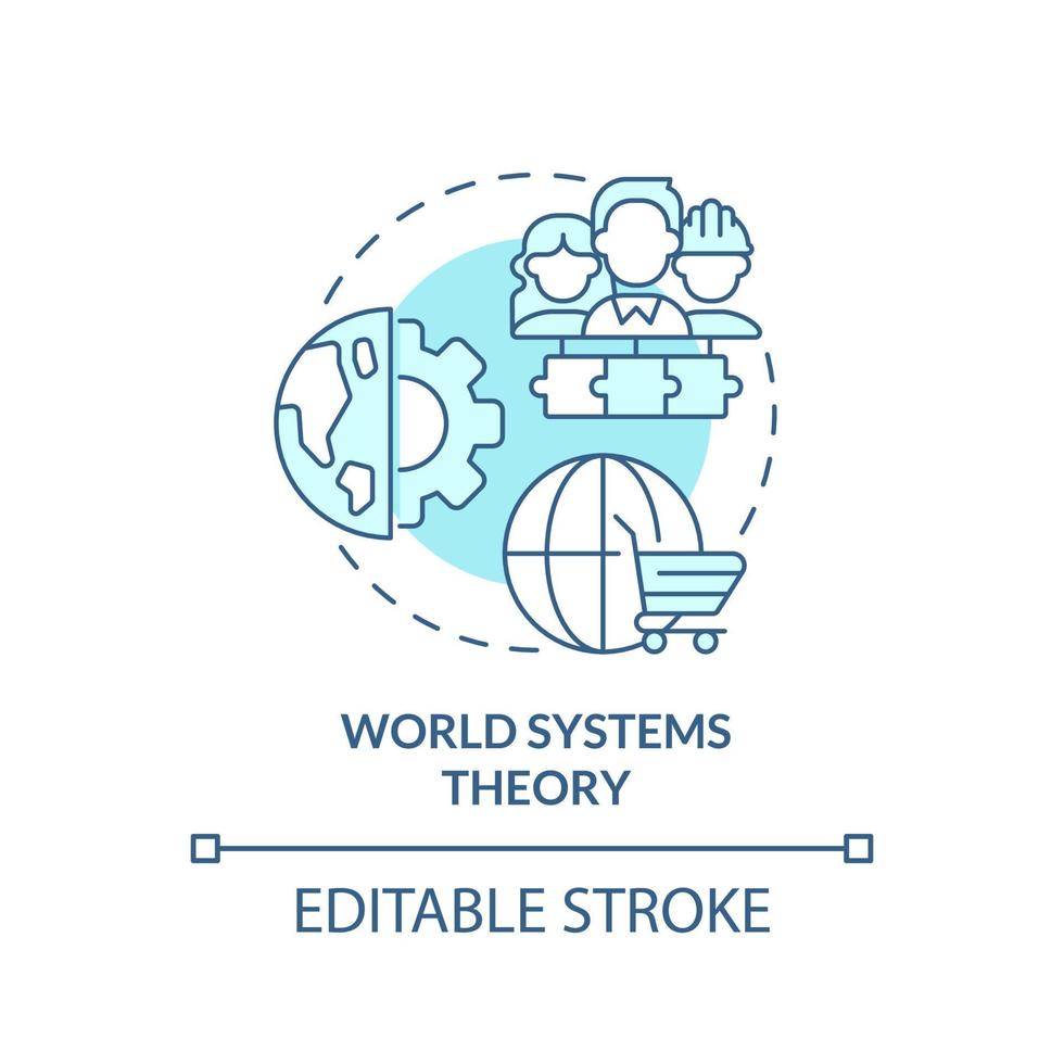 världen systemteori turkos koncept ikon. världsomspännande ömsesidigt beroende ekonomi abstrakt idé tunn linje illustration. isolerade konturritning. redigerbar linje. vektor