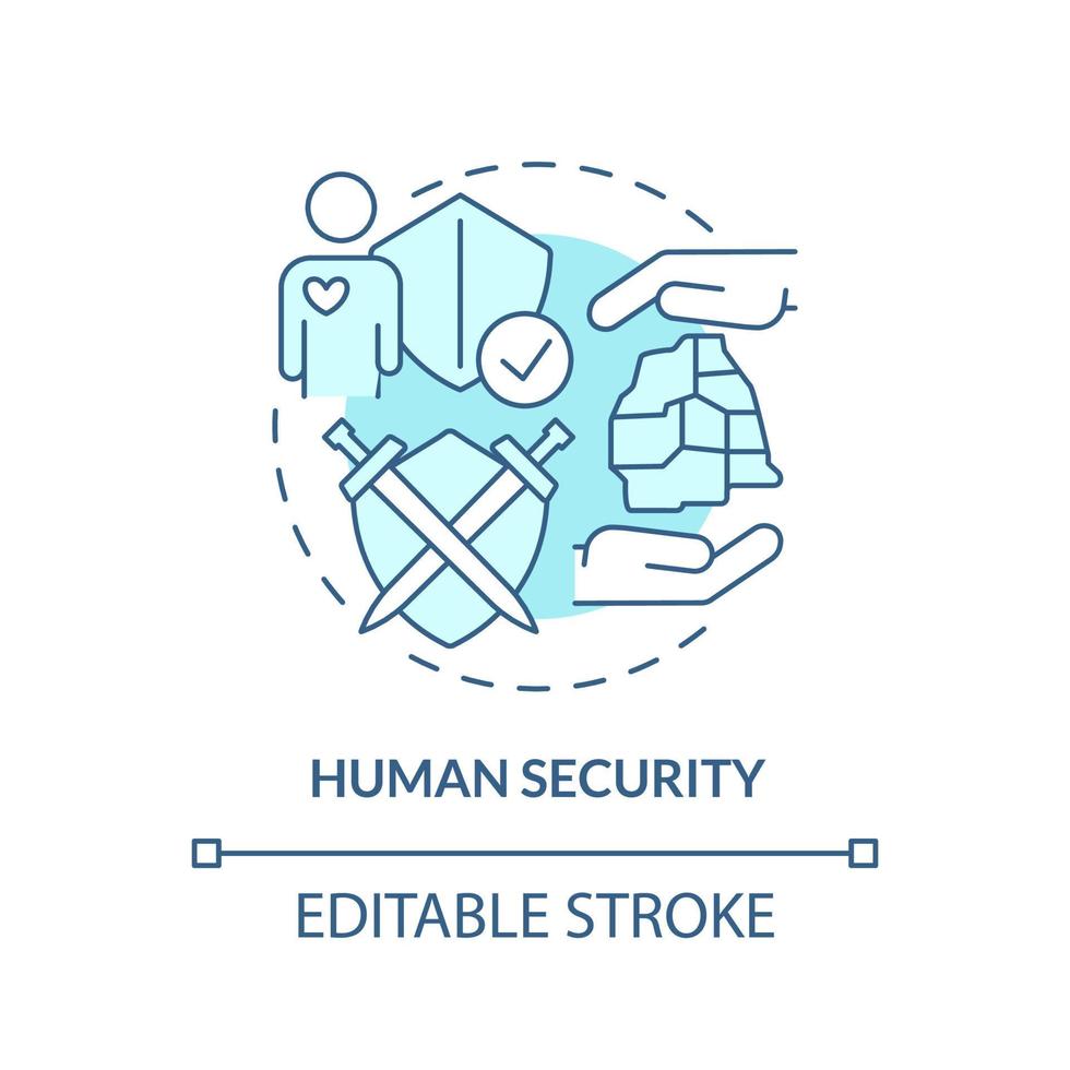 Symbol für das türkisfarbene Konzept der menschlichen Sicherheit. Welt Sicherheit. Maß für den gesellschaftlichen Fortschritt abstrakte Idee dünne Linie Illustration. isolierte Umrisszeichnung. editierbarer Strich. vektor