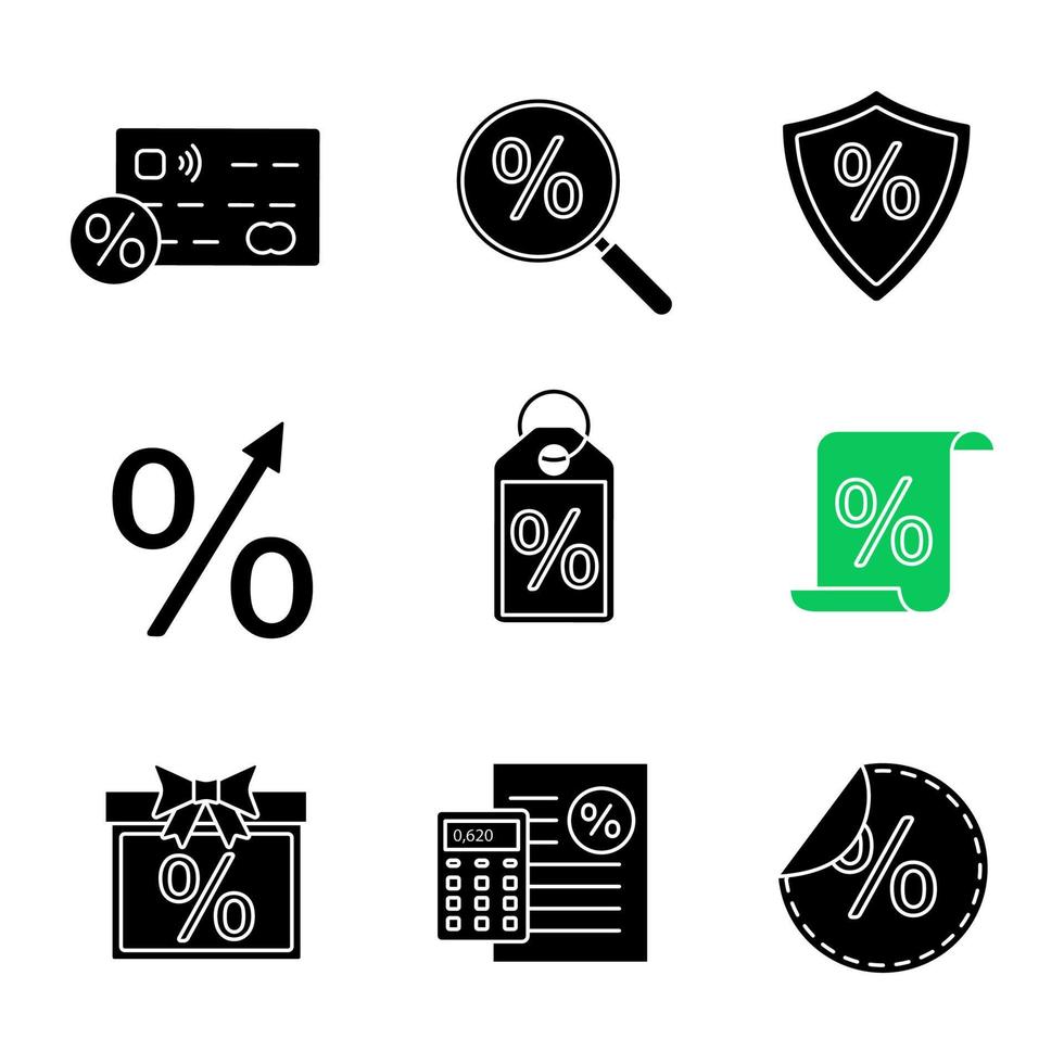 procent glyfikoner set. procenträknare, rabattsökning, säker investering, kreditkort, rea, vinstökning, specialerbjudande, finansiellt dokument. siluett symboler. vektor isolerade illustration