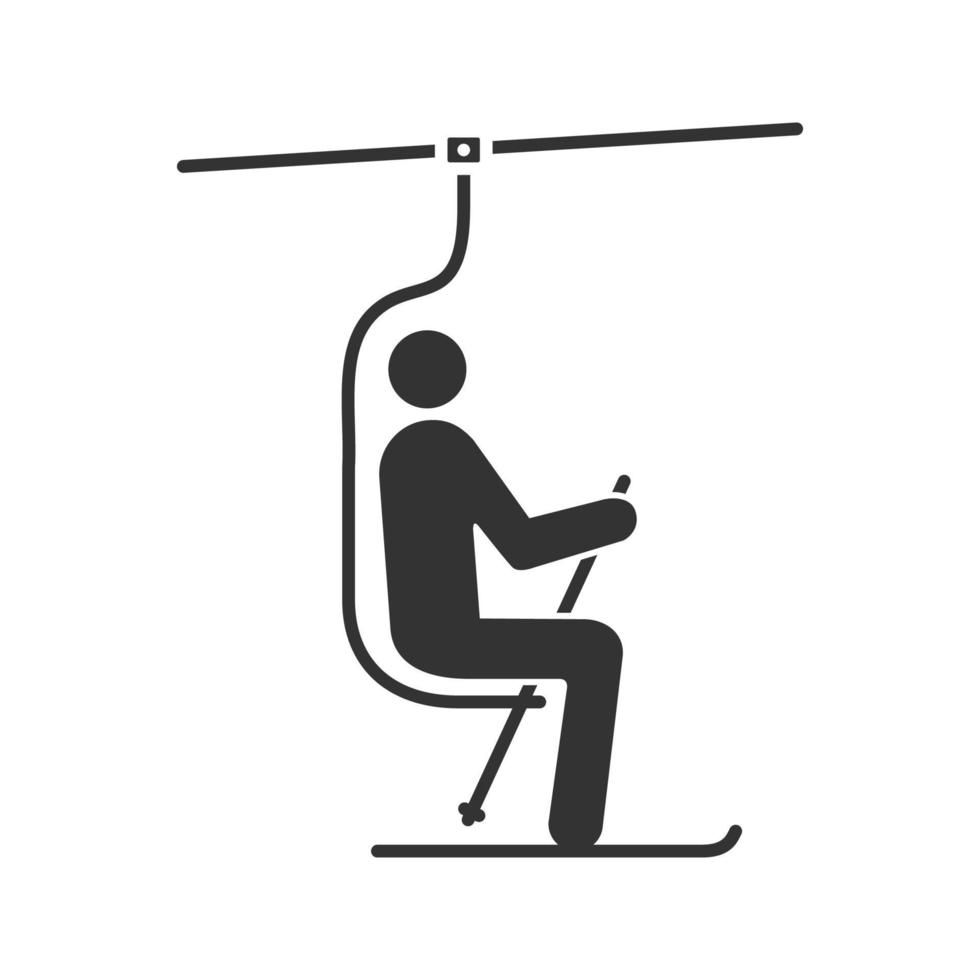 Skisessellift mit Skifahrer-Glyphen-Symbol. Seilbahn. Skilift. Silhouettensymbol. negativer Raum. vektor isolierte illustration