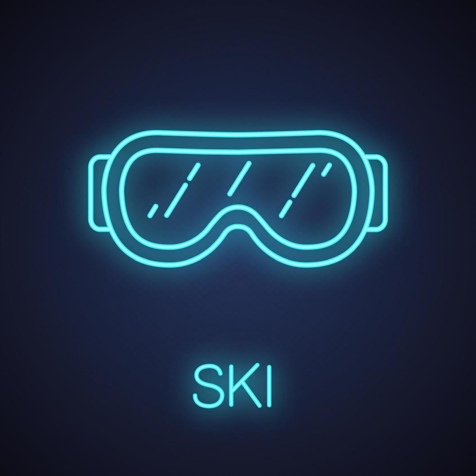 Symbol für Neonlicht der Skibrille. Schneebrille. Sicherheitsbrillen. leuchtendes Zeichen. vektor isolierte illustration
