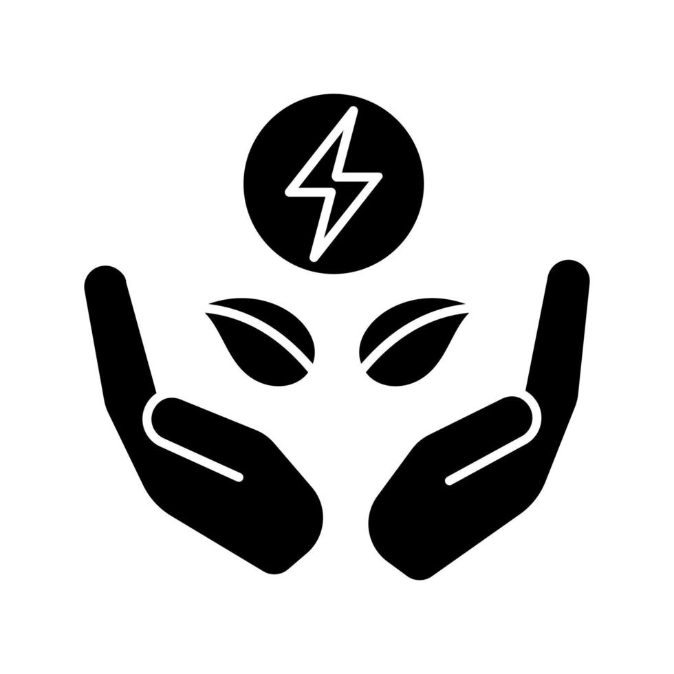 Glyphen-Symbol für saubere Energie. Ökostrom. erneuerbare Ressourcen. grüne Energie. Blitz und Blätter in den Händen. Silhouettensymbol. negativer Raum. vektor isolierte illustration