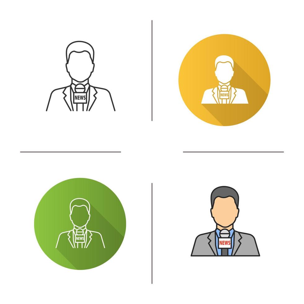 TV-Moderator-Symbol. Nachrichtenreporter mit Mikrofon. TV-Moderator. flaches Design, lineare und Farbstile. isolierte Vektorgrafiken vektor