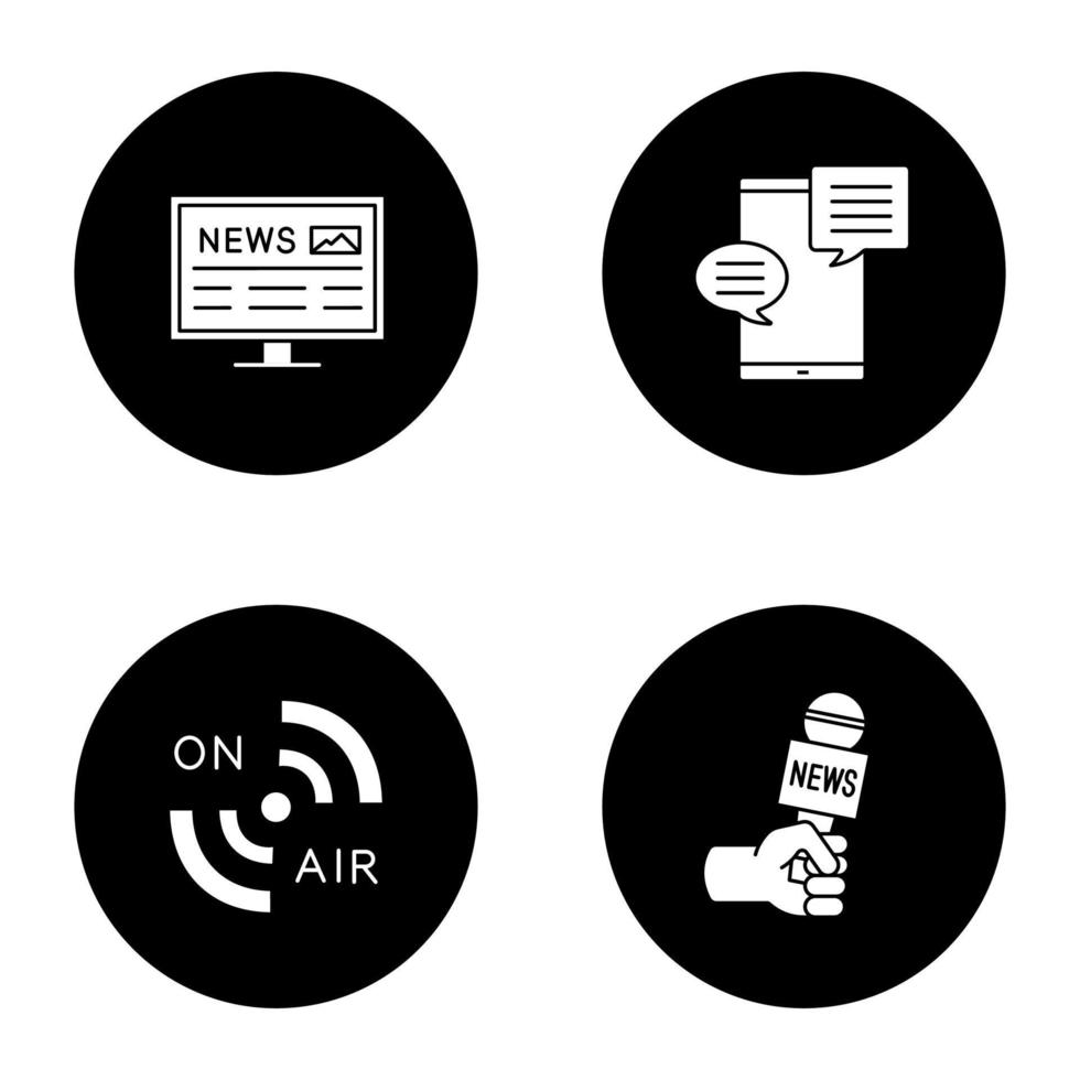 Massenmedien-Glyphen-Symbole gesetzt. Drücken Sie. elektronische Zeitung, Chat, Funksignal, Mikrofon. Vektor weiße Silhouetten Illustrationen im schwarzen Kreis