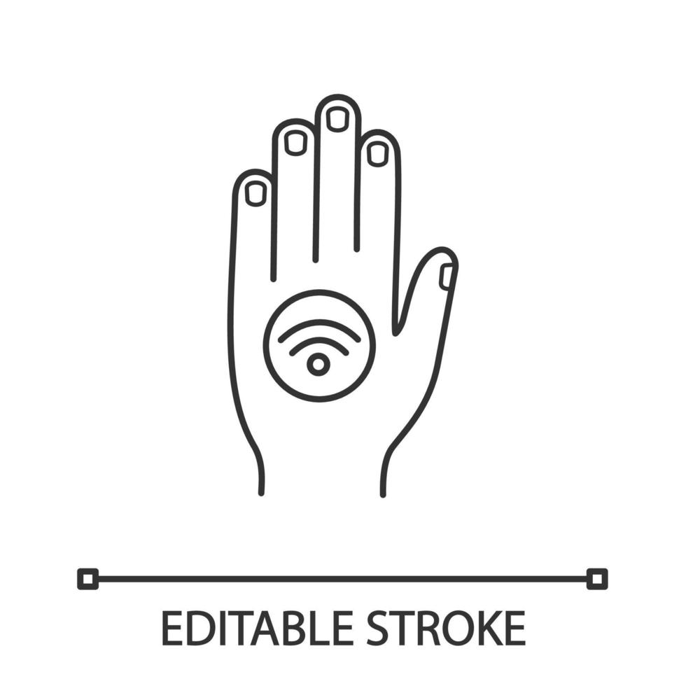 nfc-Aufkleber auf der Hand lineares Symbol. Near Field Communication. dünne Liniendarstellung. RFID-Aufkleber. NFC-Tag. berührungslose Technologie. Kontursymbol. Vektor isoliert Umrisszeichnung. editierbarer Strich