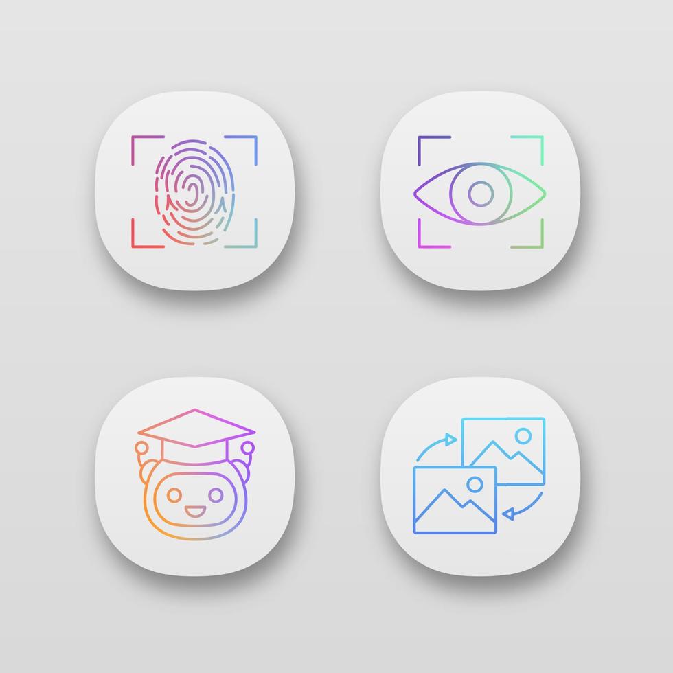 App-Symbole für maschinelles Lernen festgelegt. Fingerabdruckscannen, Iriserkennung, Lehrer-Bot, Datentransformation. uiux-Benutzeroberfläche. Web- oder mobile Anwendungen. Vektor isolierte Illustrationen