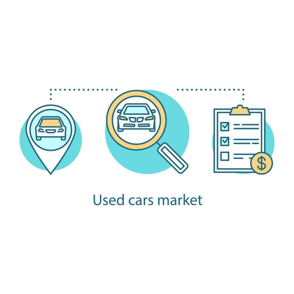 Symbol für das Konzept des Gebrauchtwagenmarktes. Auto-Tracking-Idee dünne Linie Illustration. Autowerkstatt. Fahrzeugdiagnose. Auto suchen. Vektor isoliert Umrisszeichnung