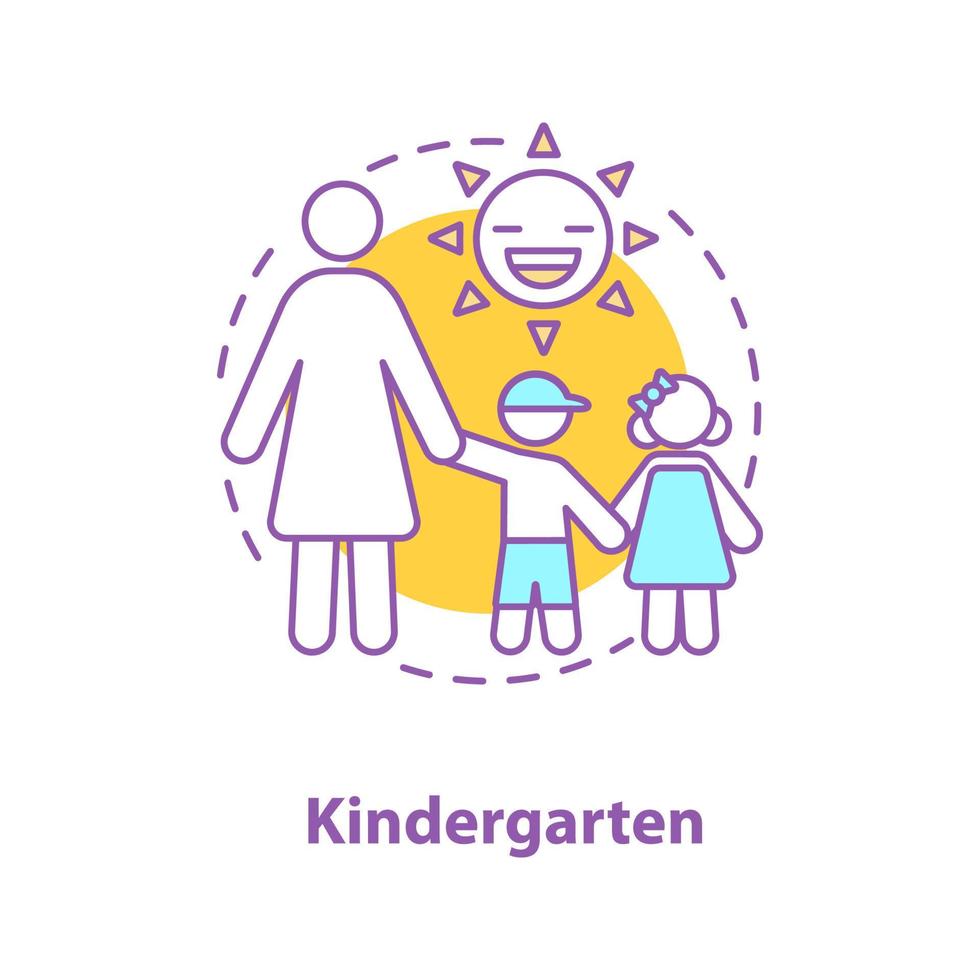 Kindergarten-Konzept-Symbol. Vorschulbildung Idee dünne Linie Illustration. Mutter mit zwei Kindern. Mutterschaft. Vektor isoliert Umrisszeichnung