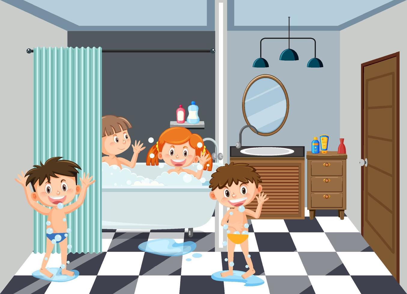 badrum med barn seriefigur vektor