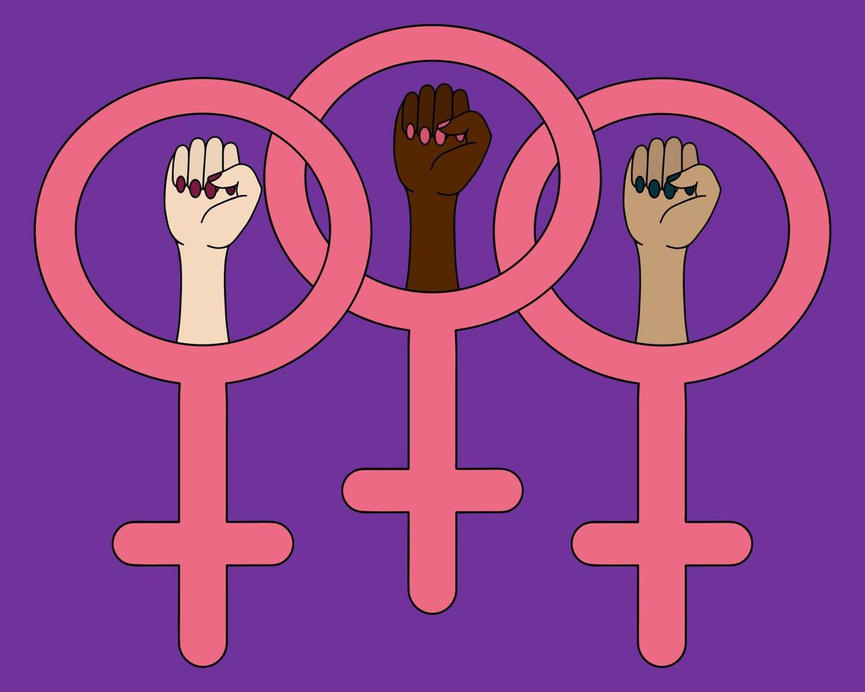 feminina nävar. symbol för den feministiska rörelsen. en knuten näve i spegeln av venus. kampen för kvinnors rättigheter runt om i världen. vektor uppsättning. isolerade lila bakgrund. feminina händer.
