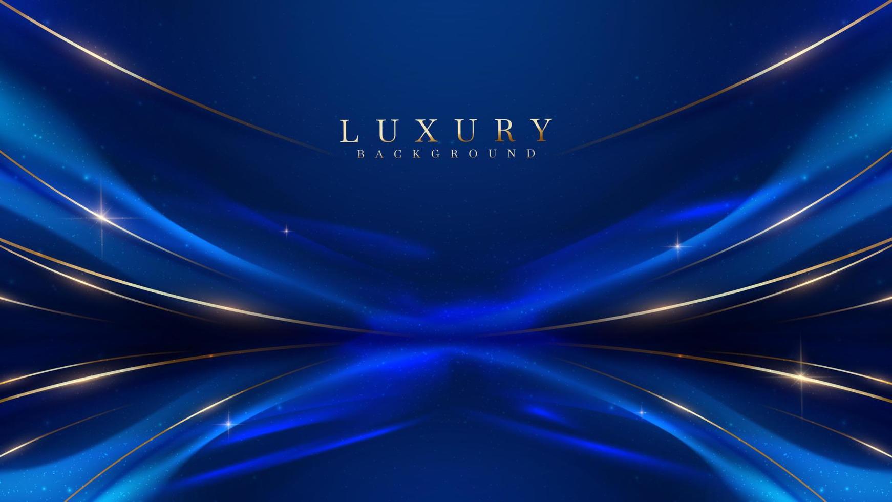 blauer luxushintergrund mit goldener liniendekoration und kurvenlichteffekt mit bokeh-elementen. vektor