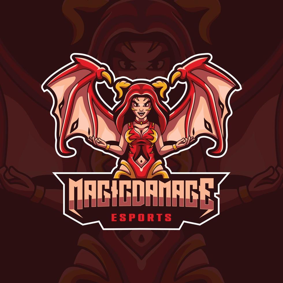 Magic Damage Logo Illustration mit Teufelsflügelfrau, geeignet für Sportlogos, T-Shirt-Designs und Produktidentitäten usw. Charakterlogos. vektor