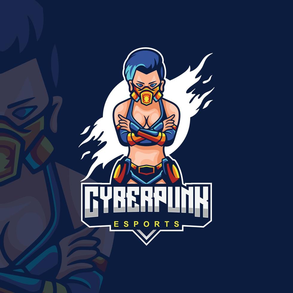 cyberpunk-logotypillustration med andningsskydd för kvinnor, lämplig för sportlogotyper, t-shirtdesigner och produktidentiteter, etc. karaktärslogotyper. vektor