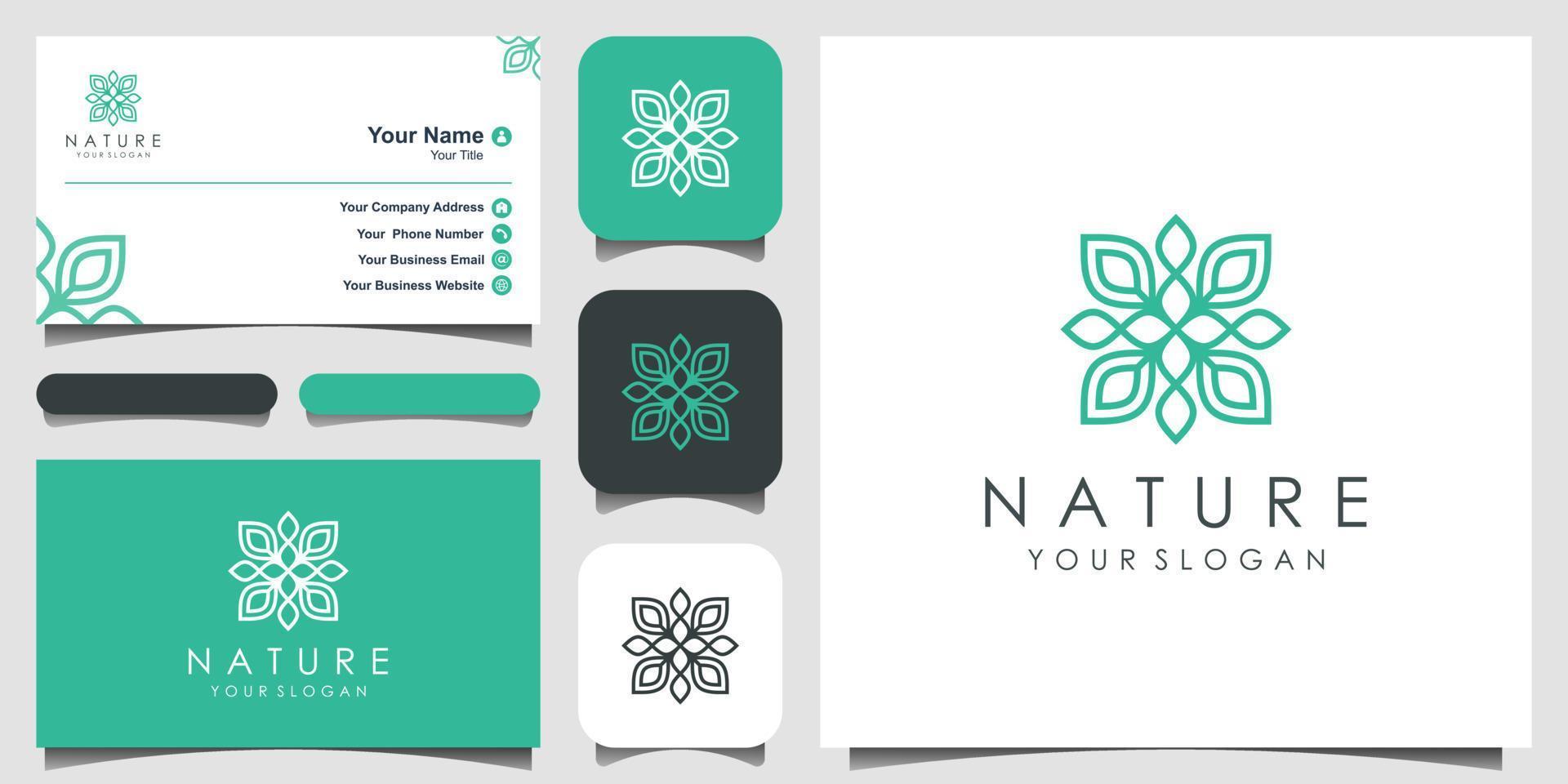 minimalistisches, elegantes Blumenrosen-Logo-Design für Schönheit, Kosmetik, Yoga und Spa. Logodesign und Visitenkarte vektor