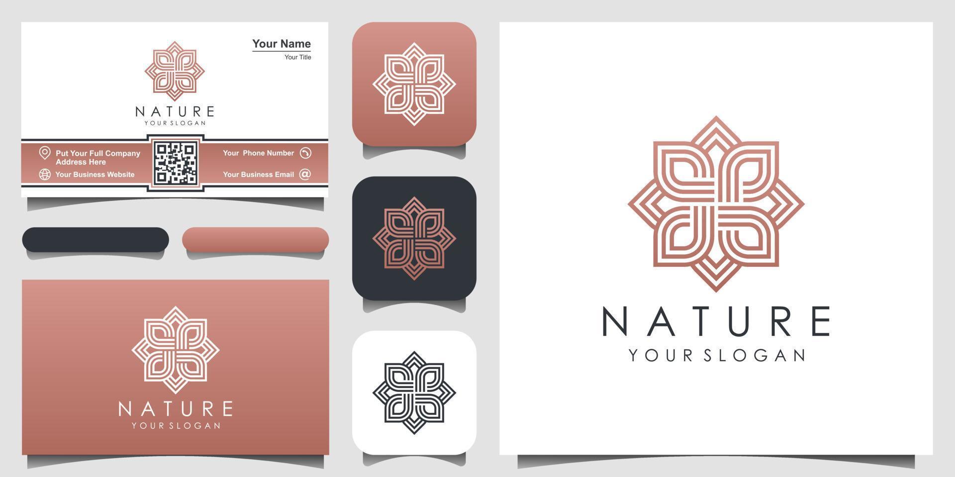 kreative elegante blumenrose mit blattelement-logodesign und visitenkarte. logo für schönheit, kosmetik, yoga und spa. vektor
